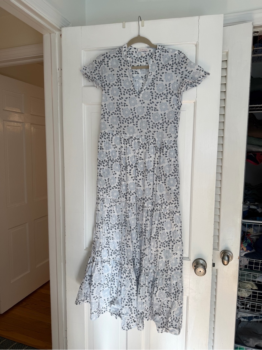 Sky Blue Floral Tiered Maxi Dress with Short Sleeves